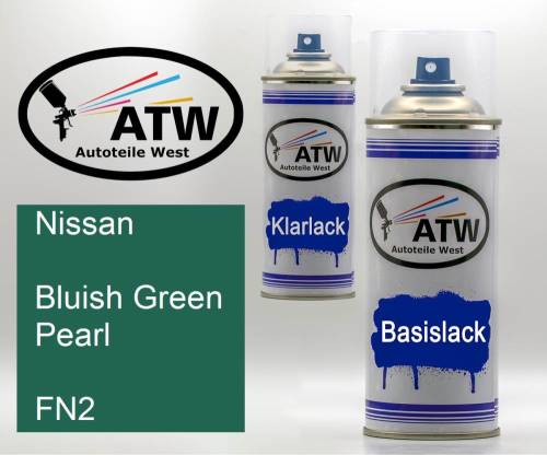 Nissan, Bluish Green Pearl, FN2: 400ml Sprühdose + 400ml Klarlack - Set, von ATW Autoteile West.